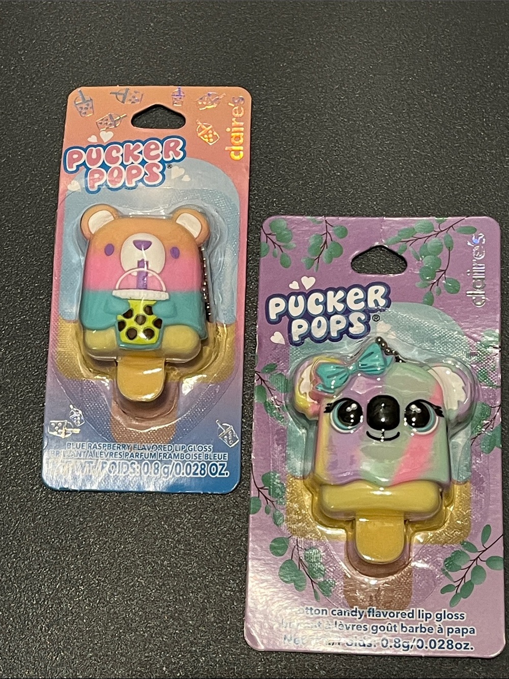 Claire’s Pucker Pops Lip Gloss Key Chain Bundle Blue Raspberry, Cotton Candy NWT
